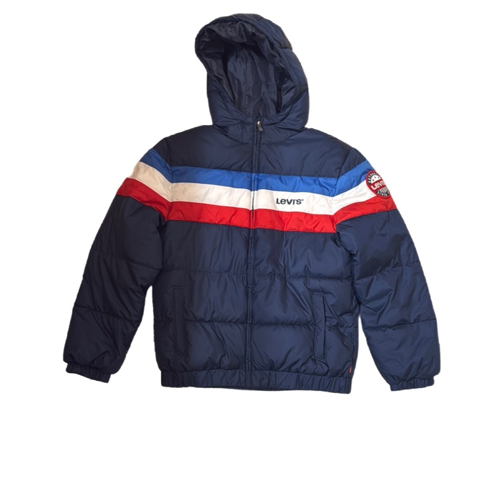 Levi's Blue Puffer Jacket with Red and White Stripes